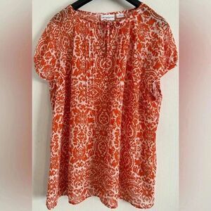 Liz Claiborne Orange and White Printed Short-Sleeve Blouse